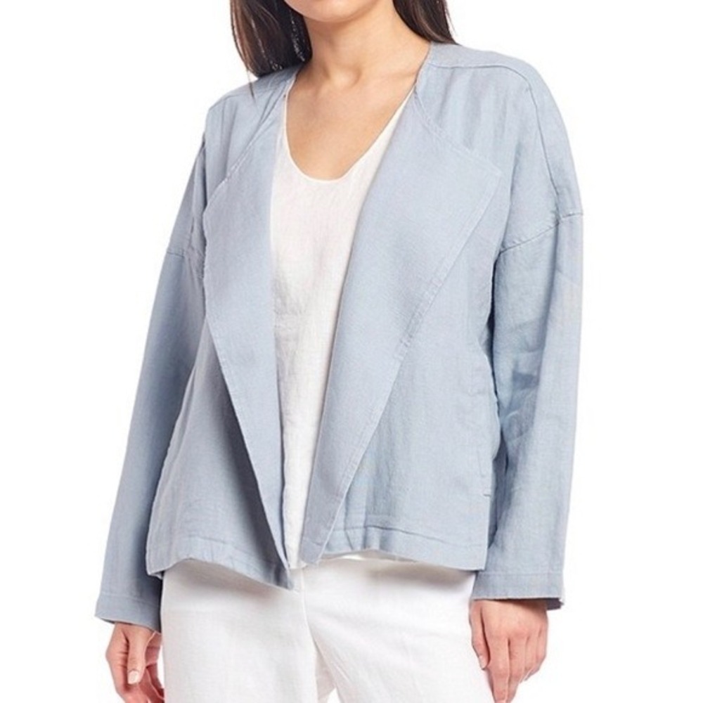 Eileen Fisher Organic Linen Drape Front Jacket Light Blue XXS